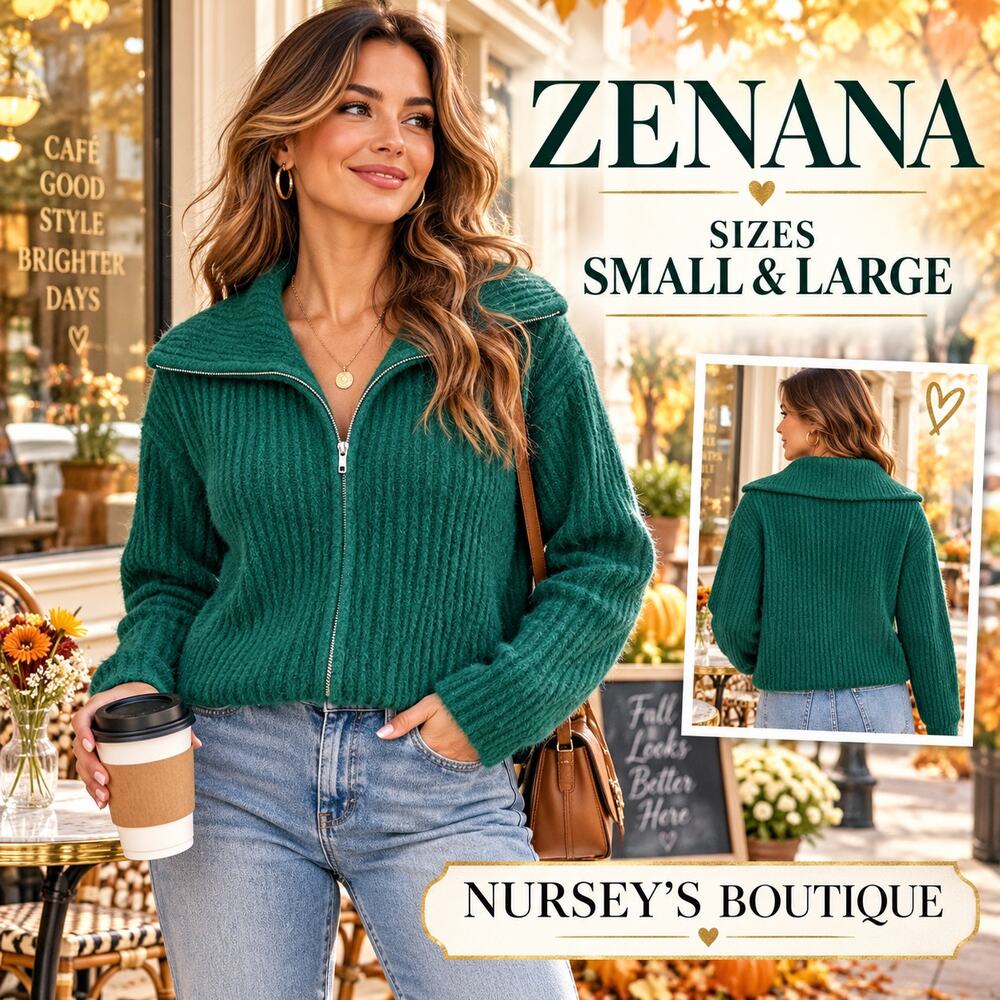 Zenana NWT Green Fuzzy Ribbed Full Zip Sweater Cardigan Jacket Large